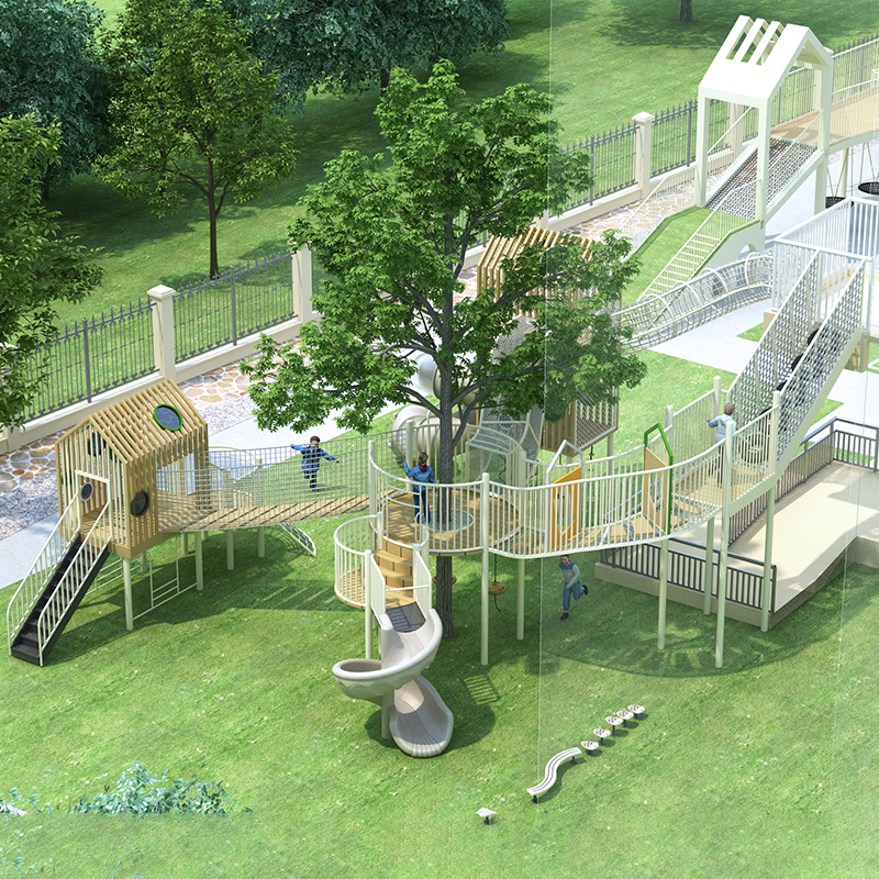 2 Seamlessly connected to adjacent buildings, our Building-Connected Tree Play System offers a unique nature-integrated play experience for commercial leisure and educational spaces. The structure features a winding slide, climbing elements, and elevated walkways linking directly to a second-floor exit, creating a continuous play loop: exit the building, cross the tree-level bridge, slide down, and return below for more activity. Built with eco-friendly treated timber and weather-resistant materials, it includes raised platforms with full guardrails for safe access. Ideal for projects combining architecture with nature, this custom playground supports motor skills, balance, leg strength, and cooperative play for children aged 4–14—making it a top choice for commercial clients seeking to elevate their outdoor spaces.